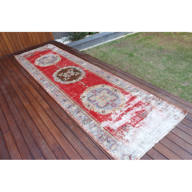 Tapis de couloir turc vintage rouge avec motif antique noué à la main pour la décoration intérieure et le couloir