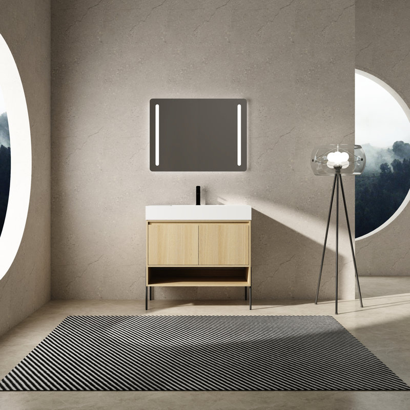 Meuble-lavabo 36 po avec lavabo simple en résine et solution de rangement - Armoire polyvalente en chêne 36