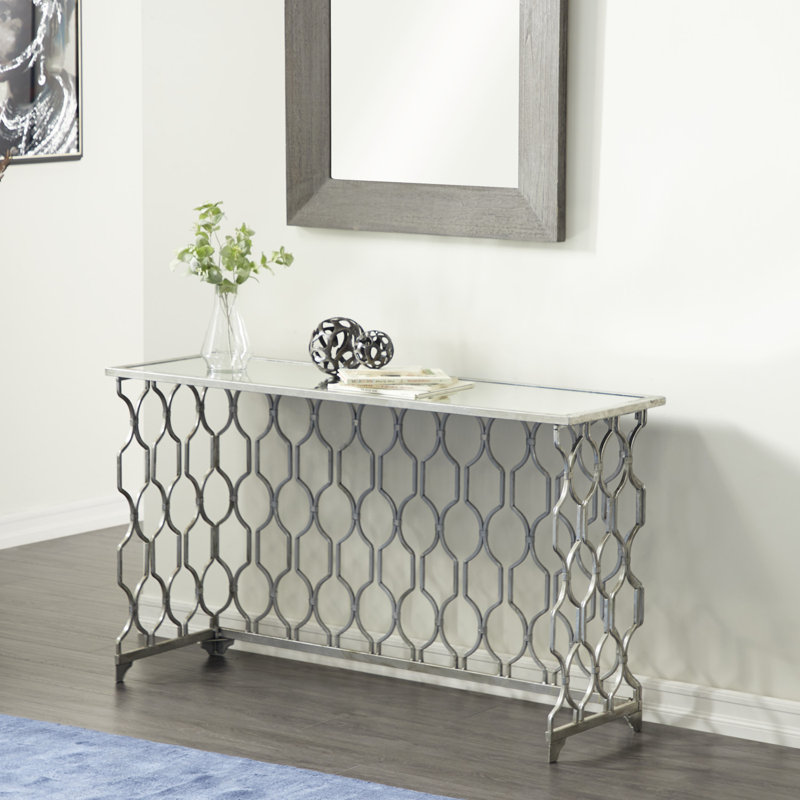 Tring Metal Geometric Silver Console Table with Mirrored Glass Top