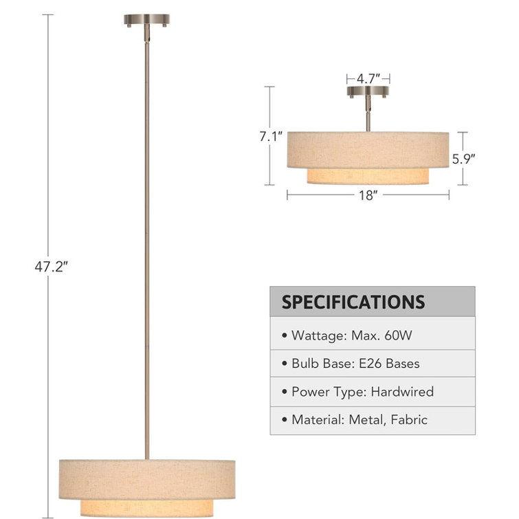 18" Pendant Light Fixture with 2-Layer Fabric Shade, Swivel Joint Hanging Light Fixture for Bedroom