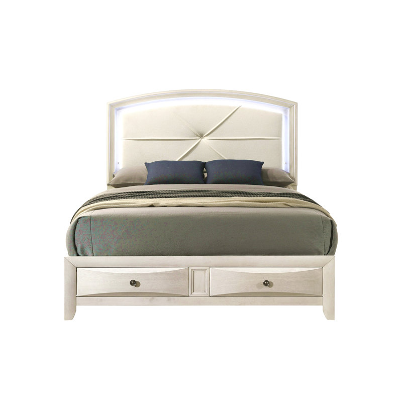 Grand lit Ramondi blanc antique avec rangement et DEL