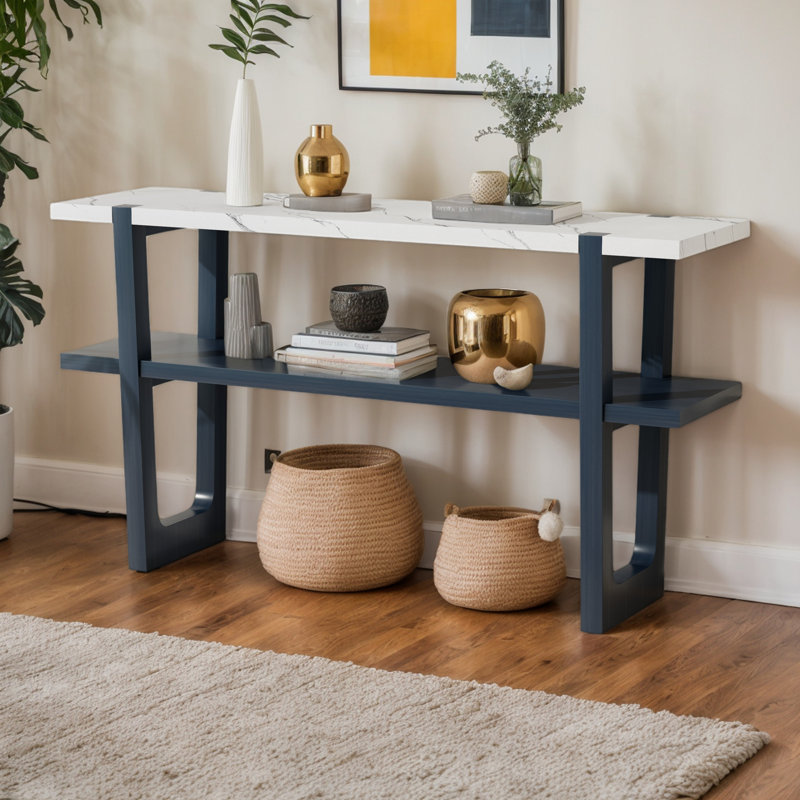 Narrow Console Table with Marble Effect Top, Retro Entryway Table with Open Shelf, Navy