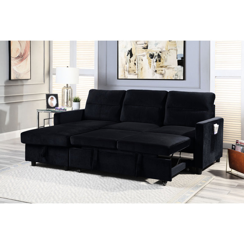 Canapé-lit 81,5 po en velours avec poche latérale et rangement pour chaise longue en tissu noir, largeur de 82,7 po