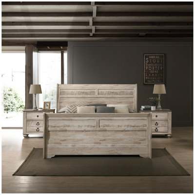 Imerland Contemporary White Wash Finish 3-Piece Bedroom Set-Sleigh Bed and Two Nightstands, Queen Size -  Hokku Designs, D71C64B0386B429A8BACAFE78FFA368B