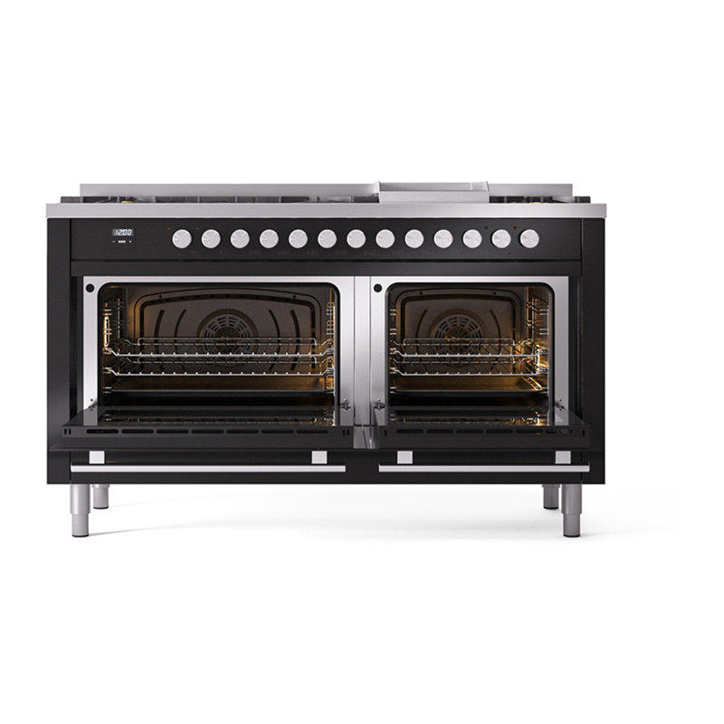 ILVE Professional Plus II 60 in Dual Fuel Range 9 Burner, Griddle, Glossy Black/Stainless Steel, Natural Gas