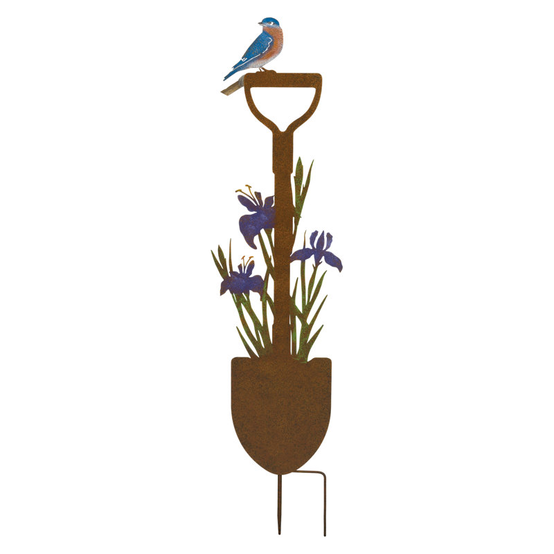 Rustic 36" Metal Shovel Stake with Iris and Bird