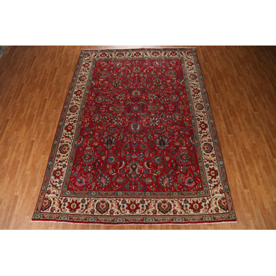 Tapis rouge en laine noué à la main de conception unique 9 pi 8 po x 13 pi 2 po Tabriz 1970S