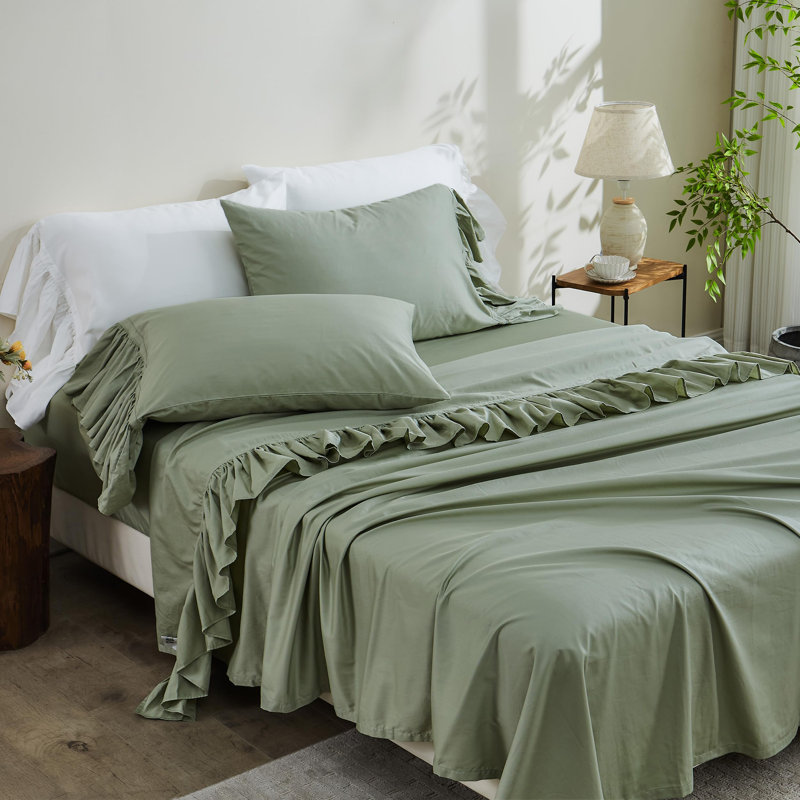 100% Cotton Sheet Set Ruffle Bed Sheets Soft French Country Vintage Bedding Set Aesthetic Farmhouse, Sage Green