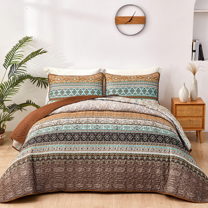 Ensemble de 3 courtepointe Boho Bohemian, Courtepointe pour lit grand + deux taies décorati, Brun
