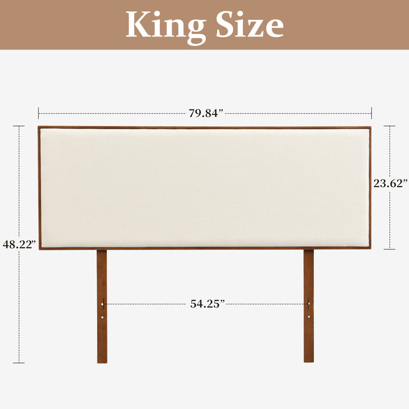 King Size Adjustable Height Upholstered Headboard, Bamboo Wood Frame & Rectangle Linen Cushion, King