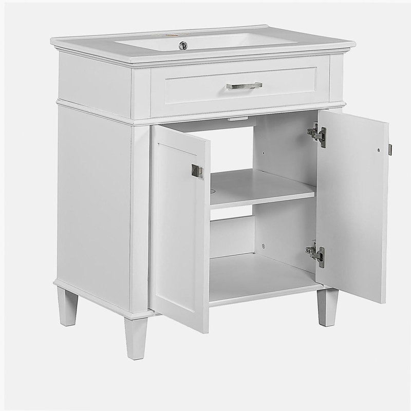 Meuble-lavabo de 30 po avec lavabo en céramique, portes à fermeture en douceur et tablettes réglables, Blanc