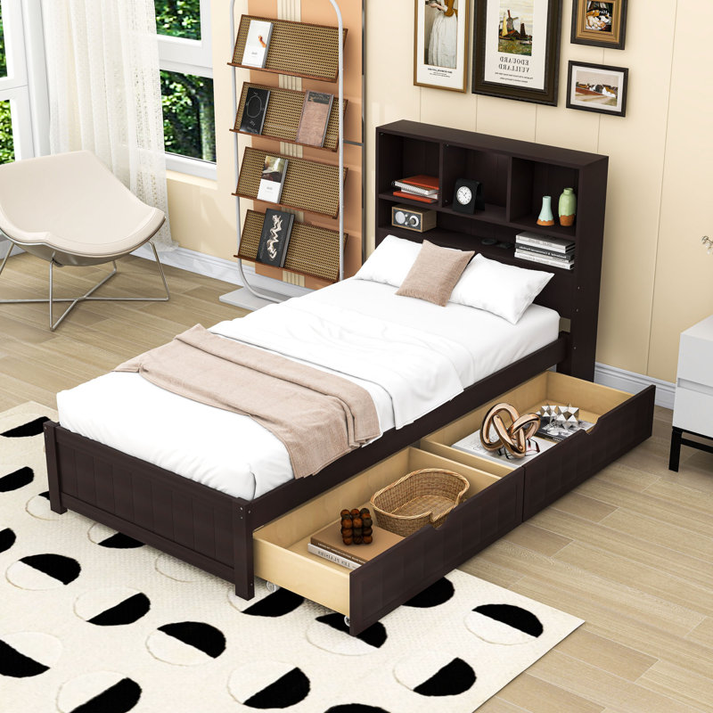 Lit plateforme à 2 tiroirs en bois avec tête de lit, lumière intégrée et ports de chargement, Simple, Espresso