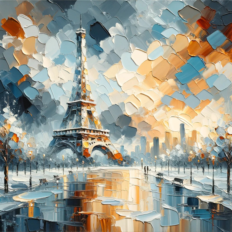 Abstrait aube parisienne abstraite - empâtements modernes de la tour Eiffel, H 20 po x l 20 po x P 1,5 po