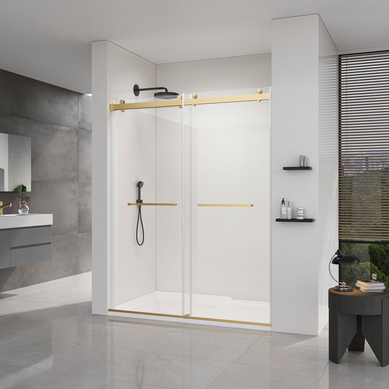 56-60*76 INCH Double Sliding Frameless Soft-Close Shower Door with Premium  (8mm)Thick Tampered Glass and Easy-Cleaning Coating In Brushed Gold