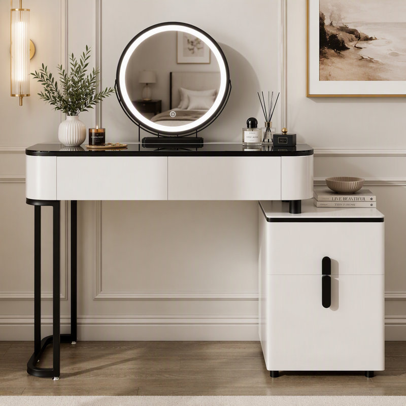 Meuble-lavabo moderne avec plateau en verre trempé, meuble-lavabo multifonctionnel avec miroir rond réglable et armoire de rangement pour petits espaces