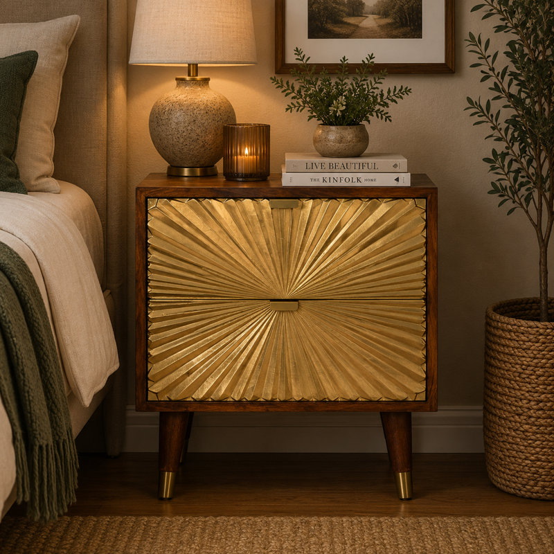 Arredondo 40cm W Solid Wood Bedside Table, Gold