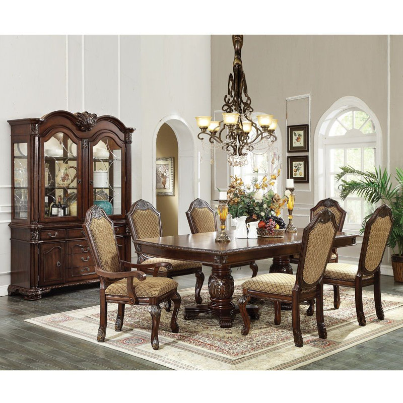 Formal Dining Table Set Kitchen Furniture Set, Brown, 7 Pieces: Table, 4 Side Chairs, 2 Arm Chairs