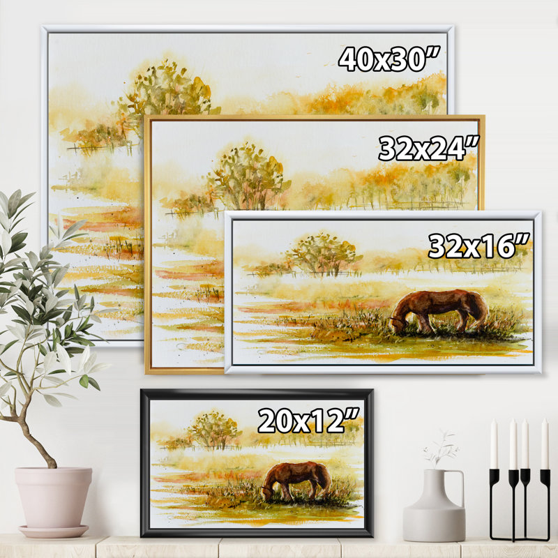 Cheval broutant sur un pré - Peinture sur toile, H 16 po x l 32 po x p 1 po, Toile blanche encadrée