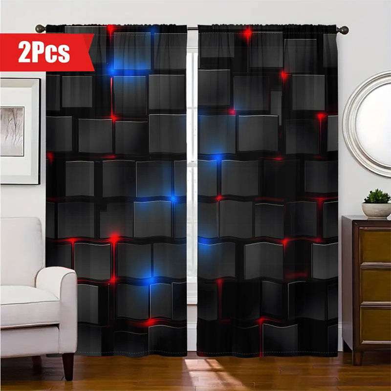 2Pcs Black Curtains with Red Blue Cub Pattern  Window Treatment Rod Pocket Light Blocking Drapes for Living Room Bedroom Gaming Home Decor Modern Tech Style