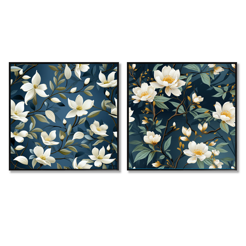 Veines de fleurs blanches et bleues - ensemble de collage carré floral, Cadre flottant noir, H 16 po x l 33 po