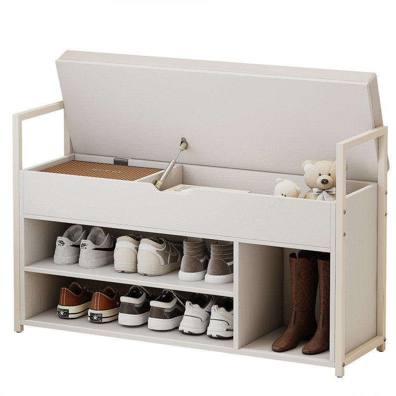 Range-chaussures à 2 niveaux avec rangement caché, boîte de rangement à plateau relevable, coussin rembourré,, Blanc