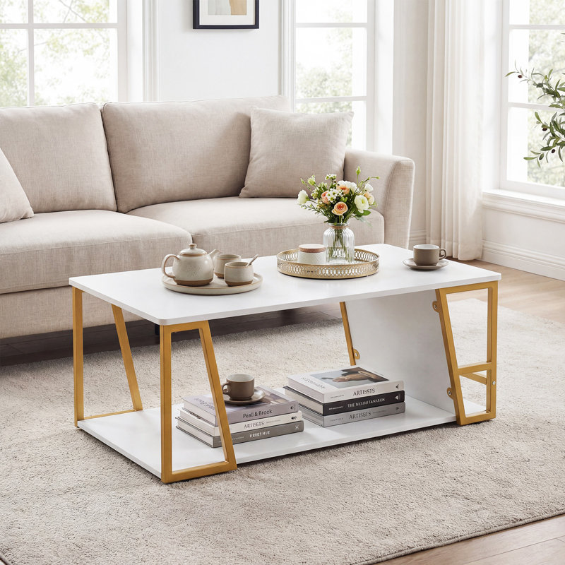 Coffee Table with Storage, Gold, White
