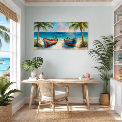  Tropical Wall Decor, Coastal Wall Art, Palm Tree Canvas Prints, Modern Beach Pictures Wall Decor, Vibrant Ocean Seascape Painting with Pine Wood Stretcher Frame for Tropical Room Decor 20x40 In