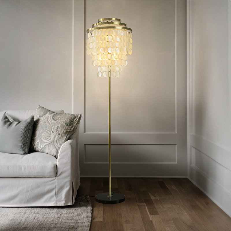 Eby 4-light 70'' Modern Coastal Aged Brass Natural Capiz Shell Tiered Floor Lamp With Black Marble Base Glam For Girls Room Living Room Dining Room