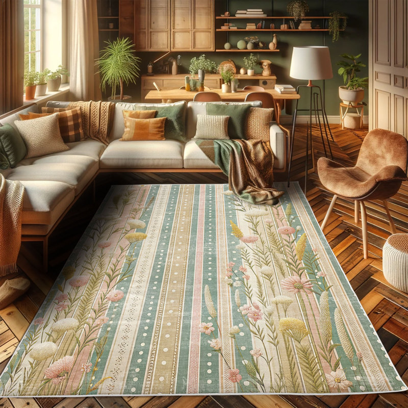 Cadet Blue and Blush Floral Synthetic Area Rug, 2'5" x 5'