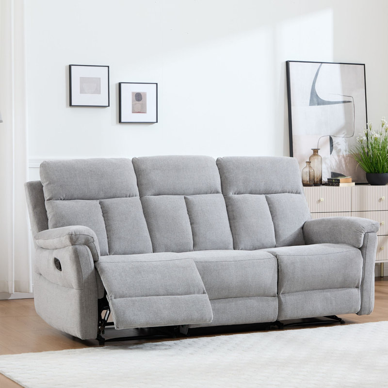 81" Wide Contemporary Chenille Upholstered Manual Reclining Sofa, Fog Gray
