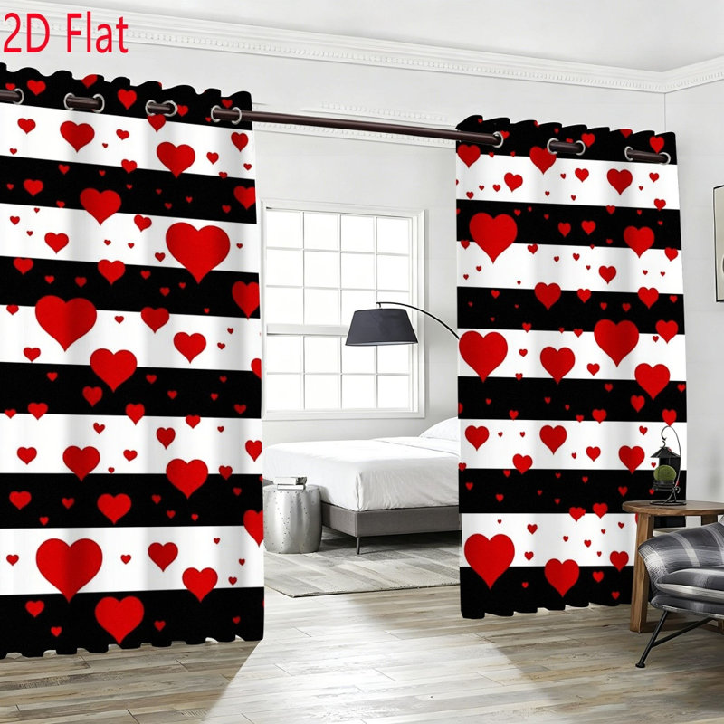 2Pcs Striped Heart Blackout Curtains  Thermal Insulated Noise Reducing Room Darkening Window Drapes for Living Room Bedroom Kitchen Home Decor