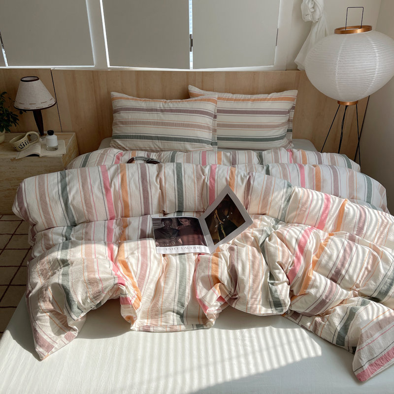 Farmhouse Colorful Pinstripe Washed Cotton Duvet Cover Set, Orange/White, Full Duvet Cover + 2 Pillowcases