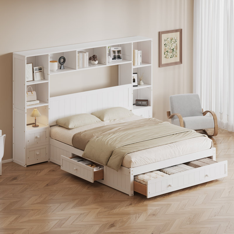 Wood Platform Bed Frame With Bookcase Headboard And Built-In Nightstands, Full
