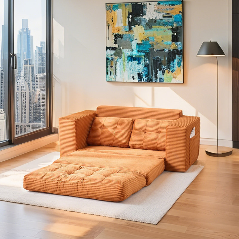 Canapé-lit avec causeuse avec mousse à mémoire de forme et structure en acier - sans assemblage, conception convertible 2-en-1, tissu en velours côtelé - canapé compact pour les petits espaces, les appartements, le bureau à domicile et la chambre à coucher (orange)