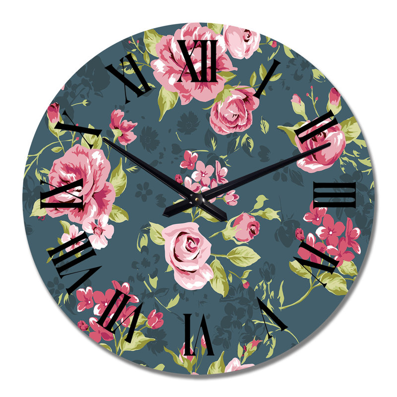 Horloge murale rétro à motif de roses rétro bleu foncé I, Grand