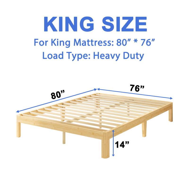 Amylia 14" Heavy Duty Platform king bed frame, Noise-Free Silent Structure, Zero Formaldehyde Eco-Friendly Varnish, Solid Wood & Bamboo Iron, No Box Spring Required for Bedroom