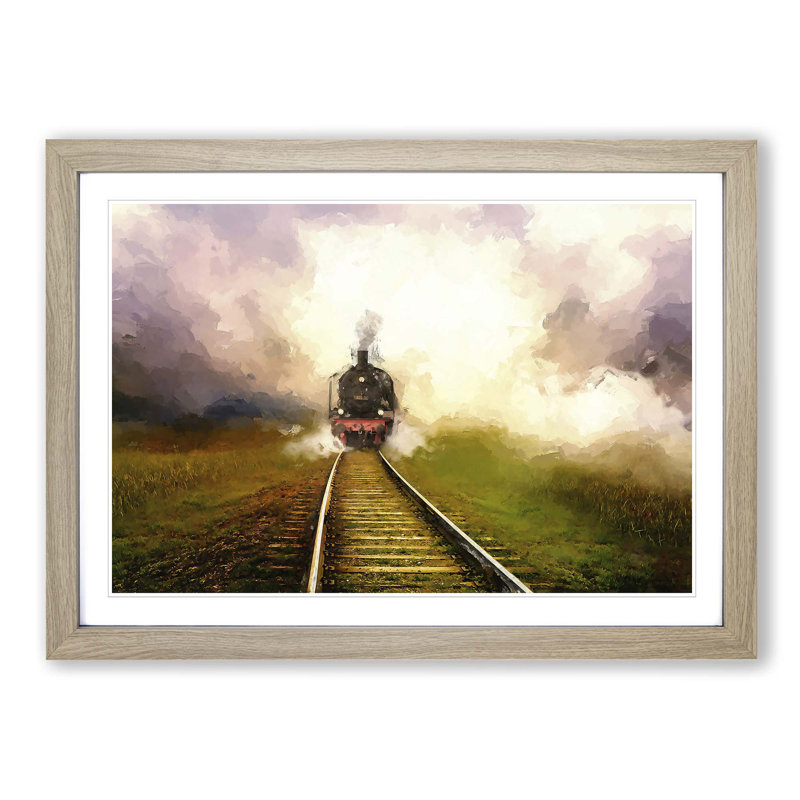 Steam Train upon the Tracks - Picture Frame Painting Print on MDF, 27cm H x 36cm W x 2cm D, Oak Framed