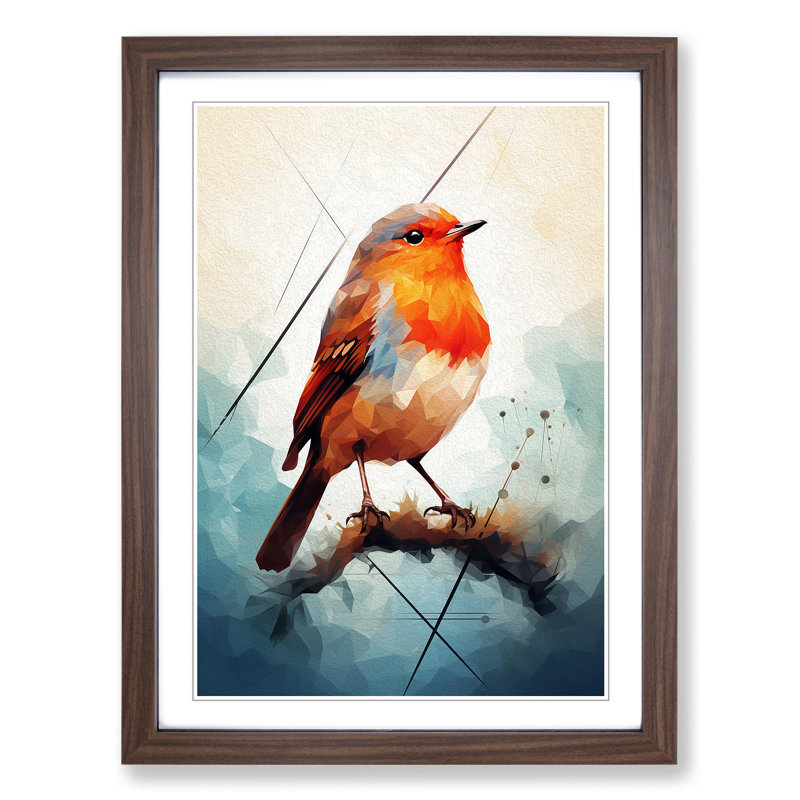 Robin Bird Geometric - Single Picture Frame Print on Wood, Walnut Framed, 34cm H x 25cm W x 2cm D