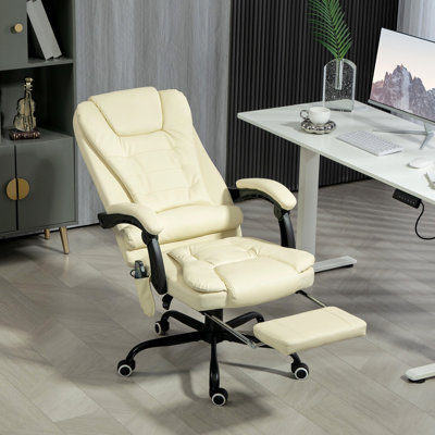 Fauteuil de bureau à haut dossier avec massage vibrant 7, blanc crème, réglable, soutien lombaire, repose-pieds, blanc inclinable pour le bureau de travail, hauteur réglable, fonction