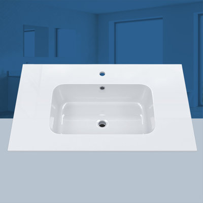 36 Inch Solid Surface Bathroom Vanity Top with Integrated Sink, Slim 0.56" Thick Countertop, Bright White Modern Design, Lightweight & Easy Install