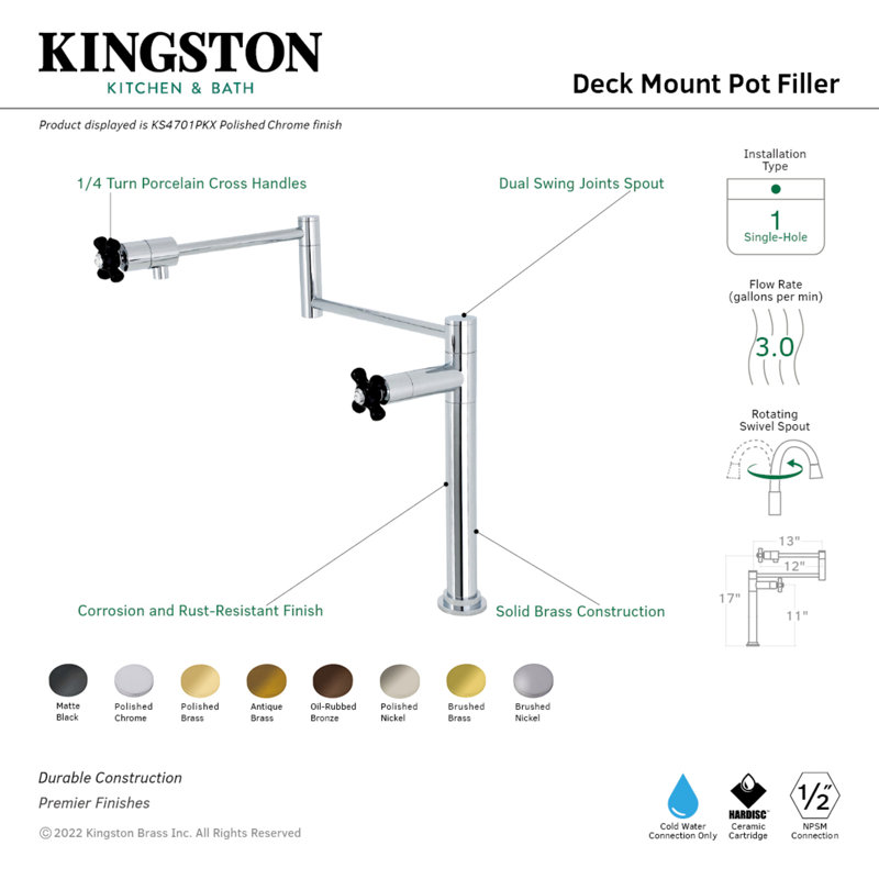 Kingston Brass Two-Handle 1-Hole Deck Mount Pot Filler Faucet, Matte Black