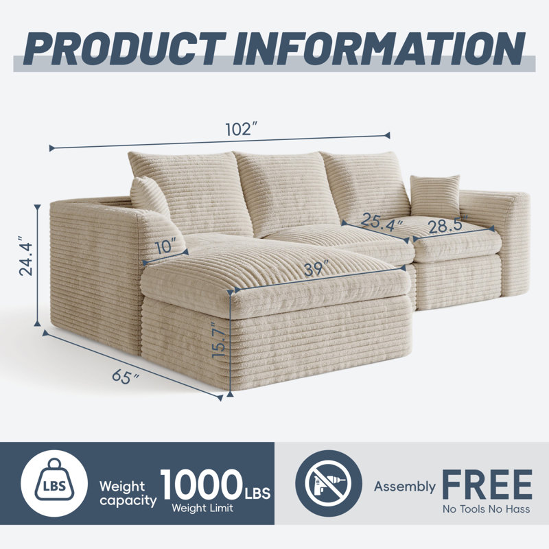 Compression Sofas, 102 Inch Corduroy L Shaped Modern Sectional For Home
