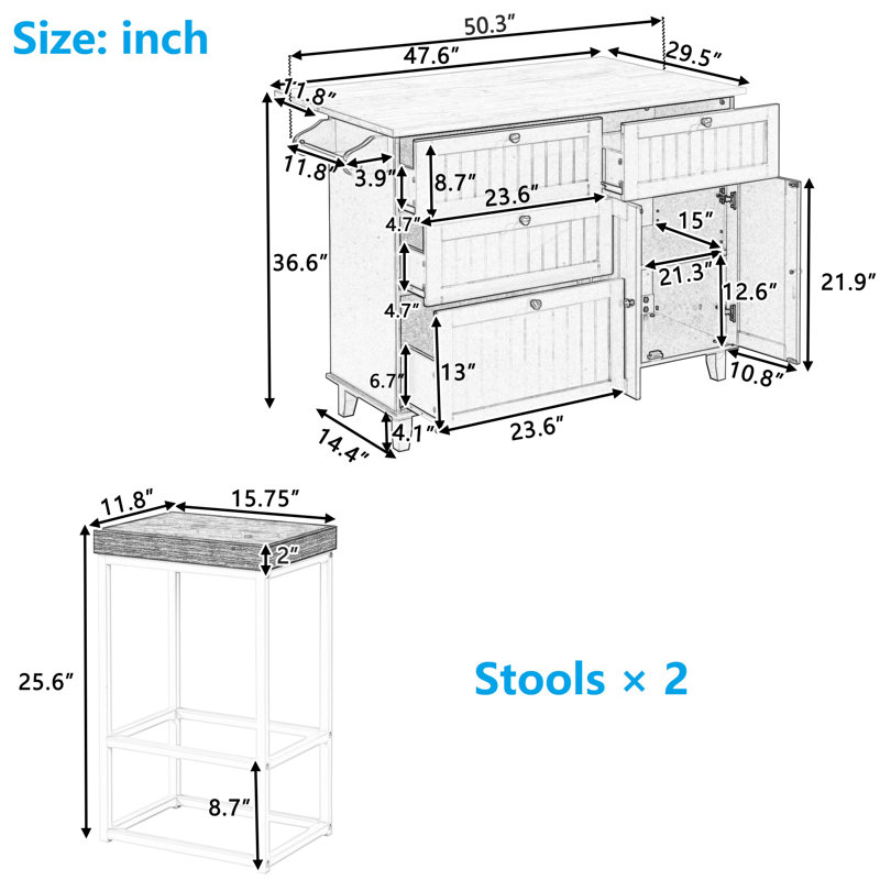 Solid Wood Top Kitchen Island Set - 50.3'' Wide