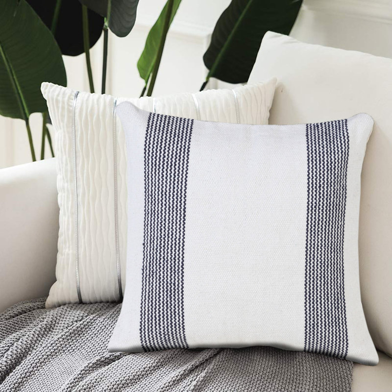 Housse de coussin décoratif à rayures 100% coton tissé à la main Coastal, Bleu marine/blanc, polyester