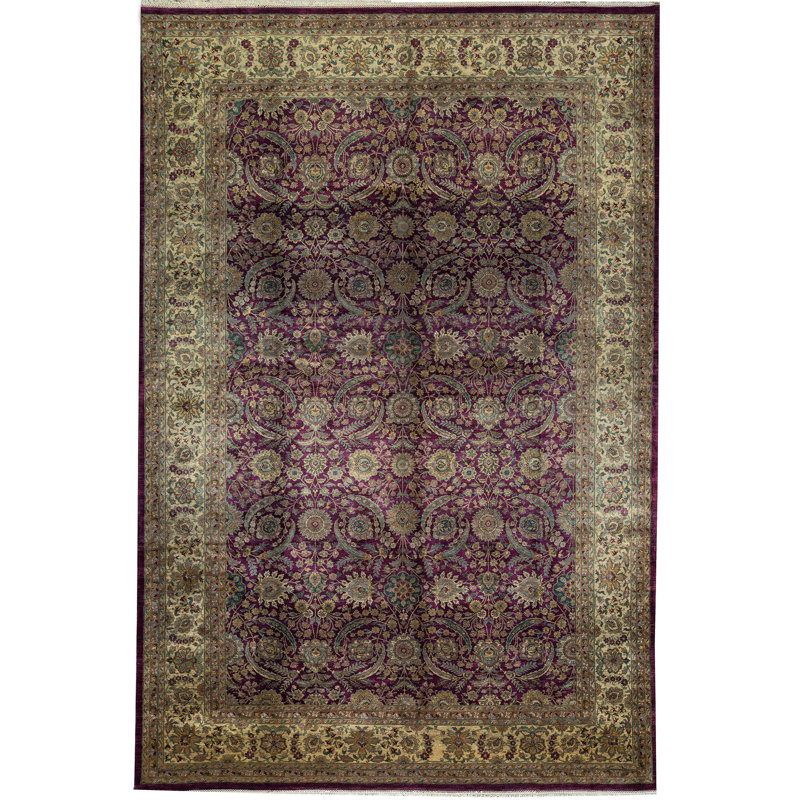 Tapis mauve et beige de haute qualité noué à la main