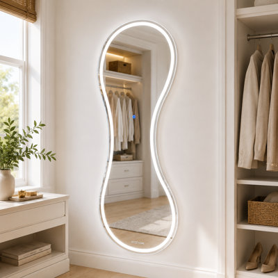 Modern Irregular LED Full Length Mirror, Wall Mounted Asymmetrical Body Mirror with 3 Color Adjustable Lights