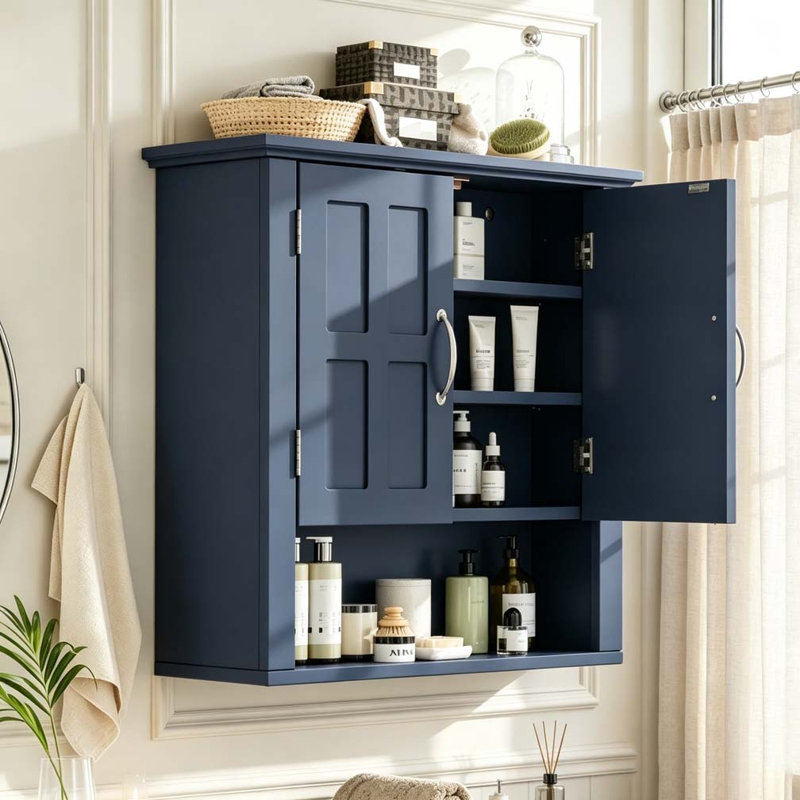 Armoire de rangement pour salle de bain, Rangement mural bleu - deux portes
