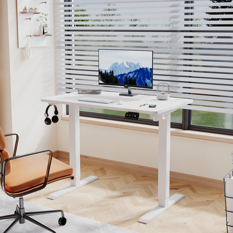 Electric T-Shape Height Adjustable Standing Desk, 100cm W x 60cm D, White