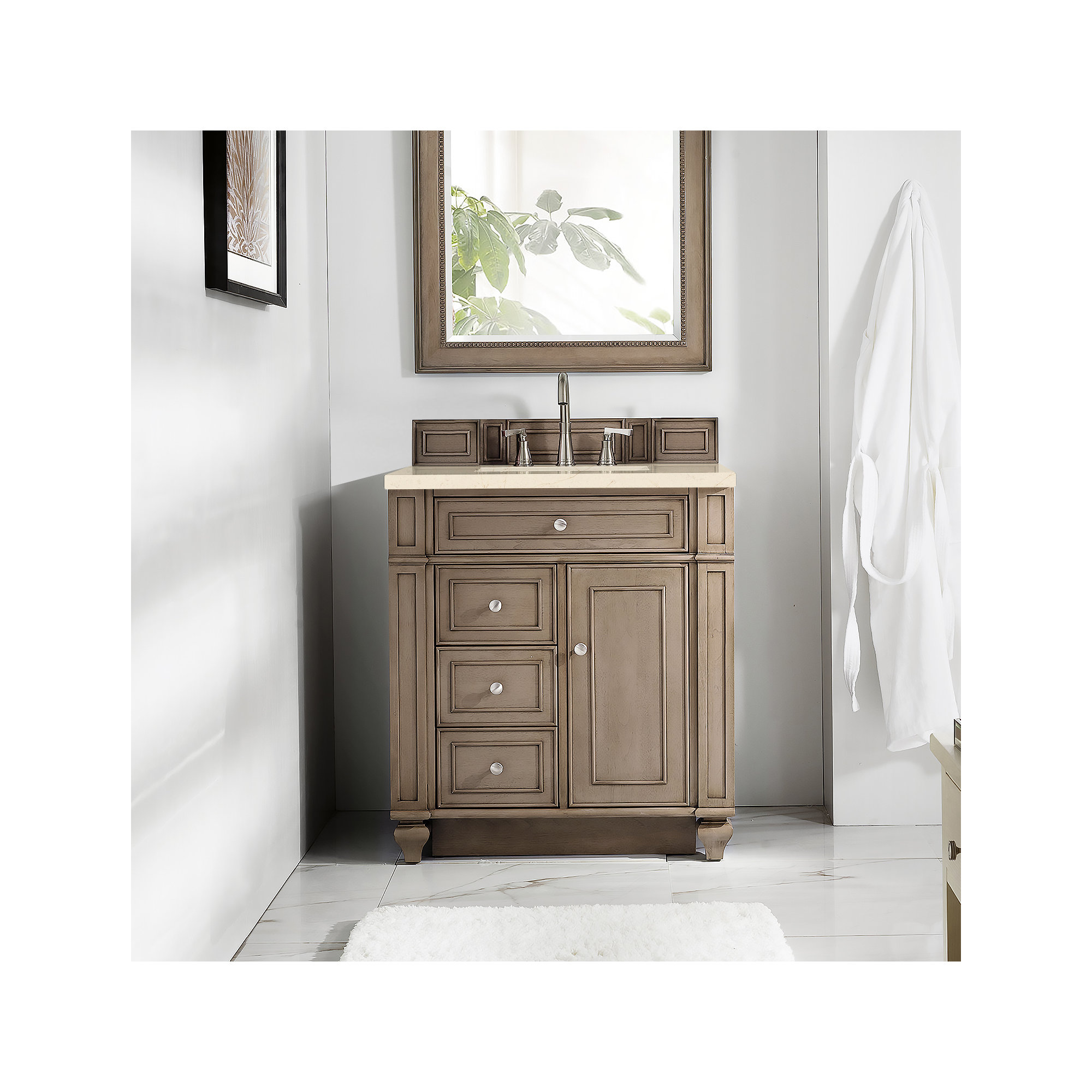 Bristol 30'' W Single Vanity, Whitewashed Walnut, Carrara White, 8" Widespread