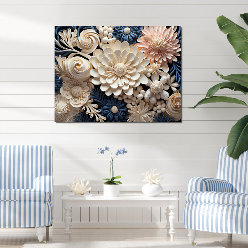 Collage de fleurs de corail blanc et bleu sur toile, H 30 po x l 40 po x P 1,5 po, Toile tendue